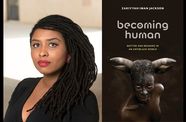 A headshot of a woman next to the cover of her book, entitled Becoming Human