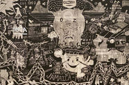 A busy black-and-white painting of lots of figures scrambled across the canvas