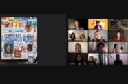 A computer screen shot of a zoom meeting. On the right is a grid of 16 faces , and on the left is an image of a brightly covered artwork with graffitti-like imagery.