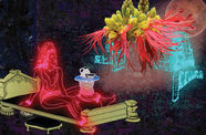 A still from a digital animation titled "Rainbow Body" by artist Chitra Ganesh, showing the neon pink outline of a female figure on a gold platform looking up at  an abstract plant-like object.