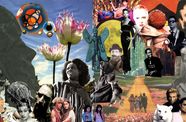 Colorful photocollage of faces actors from film, some in black and white and others in color. The background shows a scky with a large Easter Island sculture, and an image from the film The Wizard of Oz showing the characters walking towards the Emerald City.