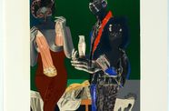 Collage depicting two people (man and woman) standing near a table holding drinks