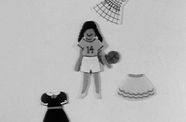 Cutout image of cartoon girl with basketball surrounded by dresses and skirts.