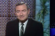 Two images: On left, portrait shot for television of man in a suit. On right, the words "Ralph Story's Los Angeles" typed above drawing of city. 
