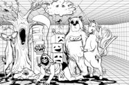 A hand-drawn black-and-white illustration with a variety of cartoonish characters called Lowlifes standing in a room with a floor-to-ceiling grid.