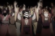 Anime characters wearing robes and masks stand with their arms raised with angry expressions. 