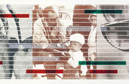 A collage of three duo-tone photographs overlaid with text highlighted in blocks of color
