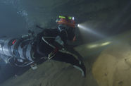 A person scuba dives close to the sand