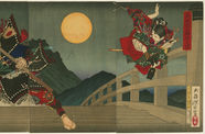 Japanese painting of two people dueling on a bridge. 