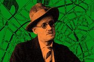 Photo illustration with James Joyce tinted orange with a green map of Dublin in the background