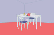 Hand drawn colorful illustration of table with two chairs, a tea pot, and a journal