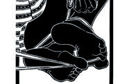 Image of two feet and a hand bound and holding a length of rope. 