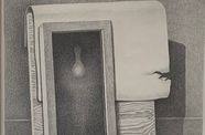 Drawing of a chair with a wooden slab and frame sitting on top of it. 