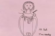 Drawing of a girl wearing a necklace of different items, collaged with a woman's choice clinic advertisement.