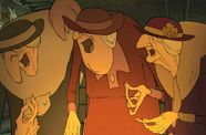 Three older cartoon women stand, wearing hats. 