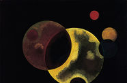 A geometric abstract painting featuring a number of colored circles, some overlapping, in a constellation that evokes heavenly bodies