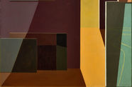A painting showing a partial view of an artist's studio, with canvases on the floor and another on an easel in the foreground. An open door lets light in