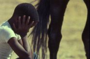 Boy holds head in hands. Part of a horse shows in the background.