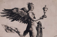 Winged humanoid creature holds brass cups. All etched.