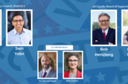 Headshot photos of political candidates on a blue background