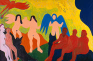 A colorful painting depicting unclothed, featureless figures sitting in front of a trio of angels