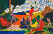 colorful figures bask in a psychedelic hillside gathering