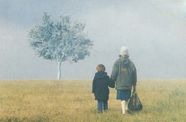 a woman and child hold hands in the open field 
