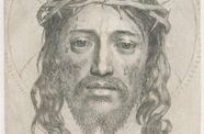 Detailed pencil portrait of man with long hair and beard wearing crown of branches