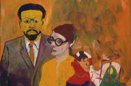 Painting of man woman and child in pastel colors