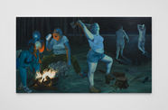 Painting of a group of women around a campfire, some drinking, one chopping wood, two skinnydipping