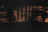 Black and orange paint smeared in large brushstrokes over a tan canvas.