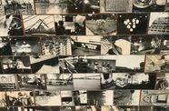 Installation on floor of black and white photographs