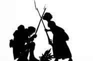 silhouettes of people holding bayonettes 