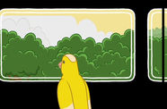 Three channel video installation showing an animated yellow bird looking out the window of a train