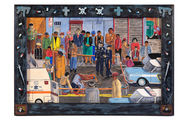 Painting of a street scene with a dead body laying in the street surrounded by police, cameramen, and bystanders