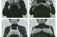 Grid of 4 images of a woman putting her hands in front of the lens