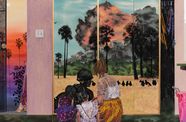 Colorful painting of a family looking out of their window at a wildfire