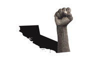A hand raised in a Black power fist, with a shadow in the shape of California
