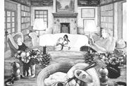 Etching of a scene in a living room