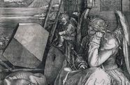 A winged figure sits and writes, while a baby and a dog sit nearby