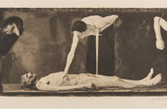 A nude figure in a crown of thorns lays as a figure leans over him with a sword