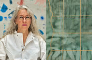 Artist Rebecca Morris side-by-side a detail of her painting