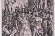 Etching of St. Lucy surrounded by a crowd