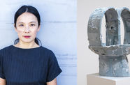 Head shot of Anna Sew Hoy alongside a sculpture of her, wrapped in blue denim