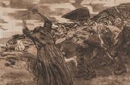 Sepia toned print showing a large horde of people walking, bent over
