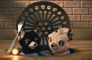 Two animated foxes, wearing socks on their heads, pop out of a drain