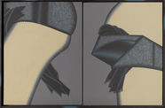 Diptych painting of a woman's rear end and chest wearing black underwear