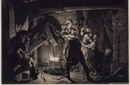 Print of a group of people in a forge where a metalsmith is working