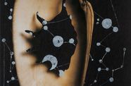 Print of a torn figure in front of a background of constellations