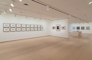 installation image of works on paper framed on walls